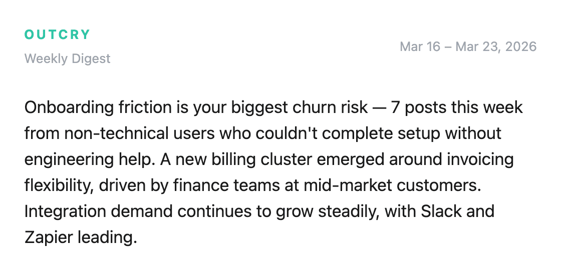 Outcry Weekly Intelligence Digest — executive summary, actionable recommendation, and metrics with week-over-week trends